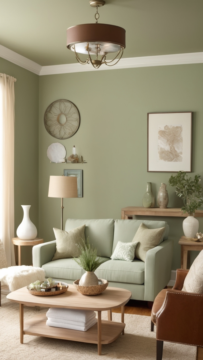 sage green sofa, tan throw pillows, rustic living room decor, elegant green and tan, neutral color palette