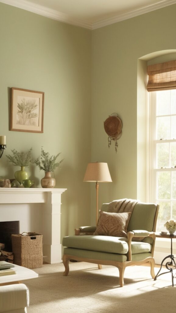 sage green sofa, tan throw pillows, rustic living room decor, elegant green and tan, neutral color palette