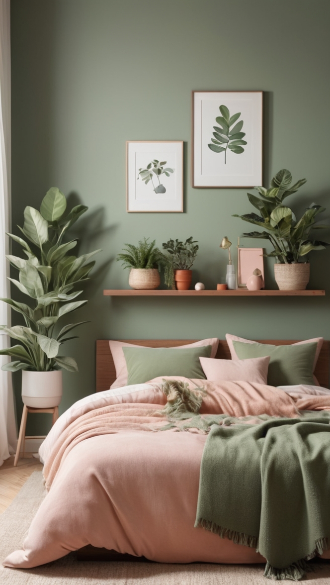 sage green bedroom decor, sage green bedding, terracotta paint, sage green walls, terracotta pillows