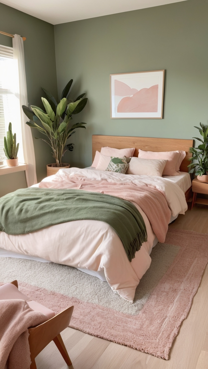 sage green bedroom decor, sage green bedding, terracotta paint, sage green walls, terracotta pillows 
