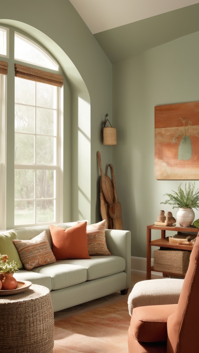 sage green paint, terracotta decor, living room design, earthy tones, interior styling