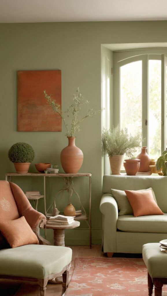 sage green paint, terracotta decor, living room design, earthy tones, interior styling