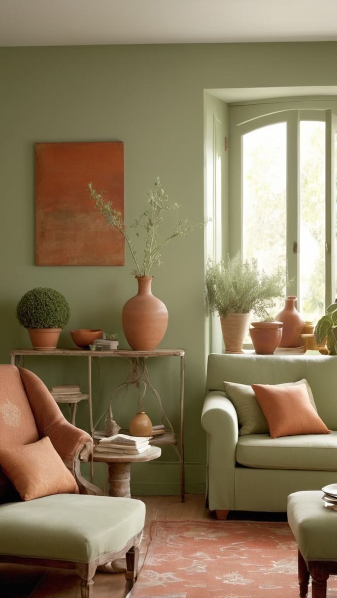 sage green paint, terracotta decor, living room design, earthy tones, interior styling 