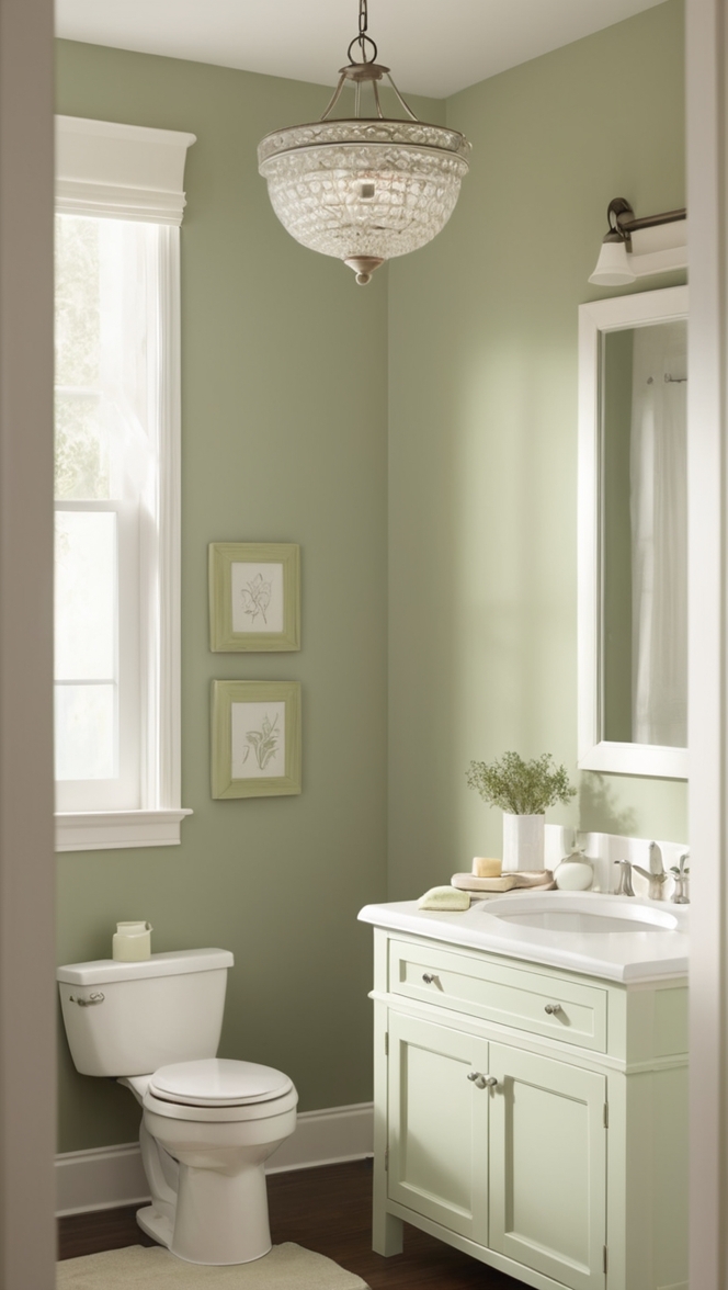 bathroom decor, sage green tiles, white vanity, porcelain sink, luxury bathroom