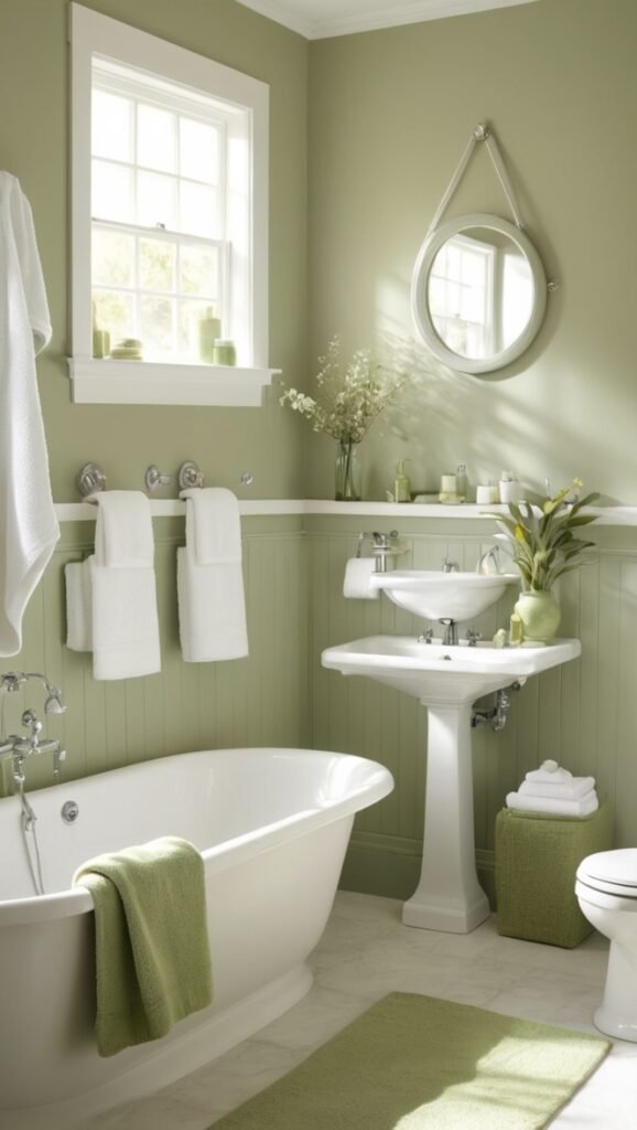 bathroom decor, sage green tiles, white vanity, porcelain sink, luxury bathroom