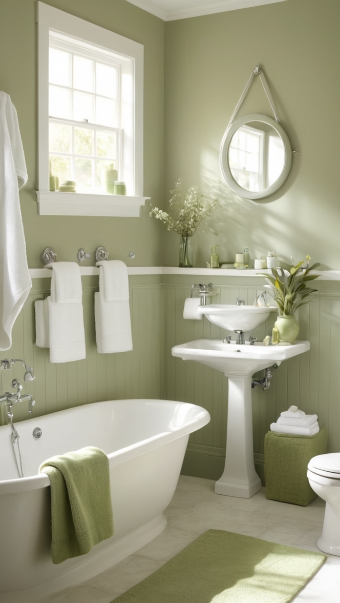 bathroom decor, sage green tiles, white vanity, porcelain sink, luxury bathroom 
