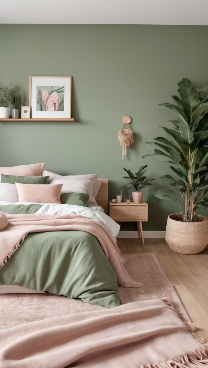 sage green bedroom decor, white bedding sets, bedroom color scheme, green bedroom walls, interior design ideas