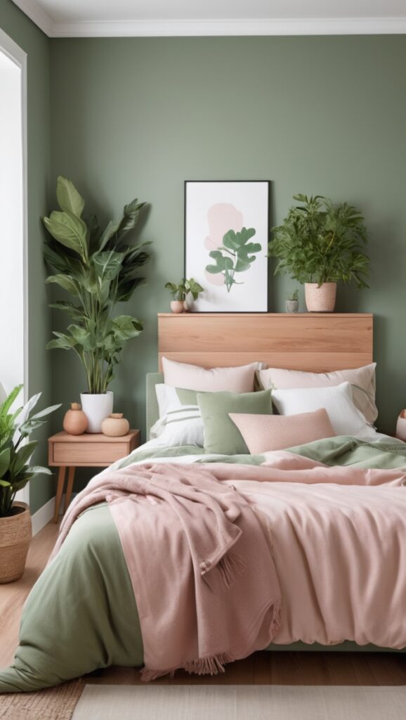 sage green bedroom decor, white bedding sets, bedroom color scheme, green bedroom walls, interior design ideas