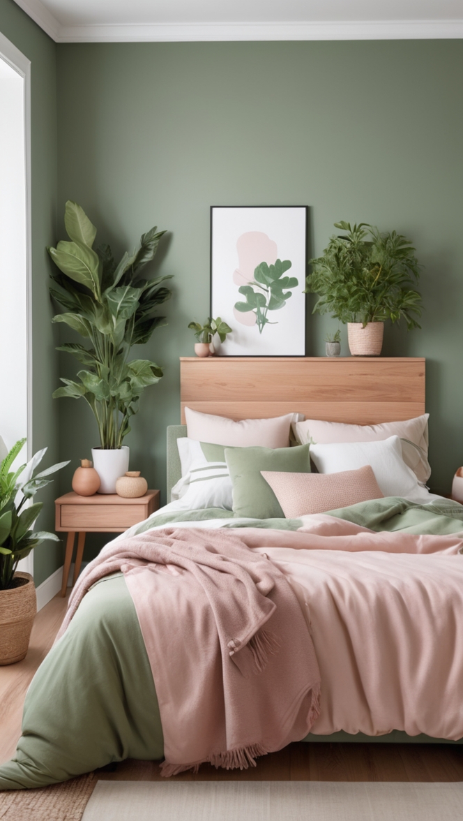 sage green bedroom decor, white bedding sets, bedroom color scheme, green bedroom walls, interior design ideas 