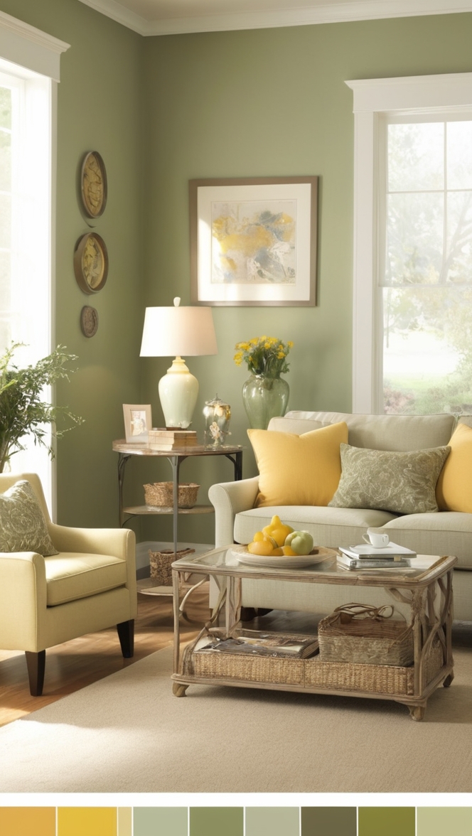 sage green paint colours, yellow living room decor, sage green furniture, yellow and green interior design, decorating with green and yellow