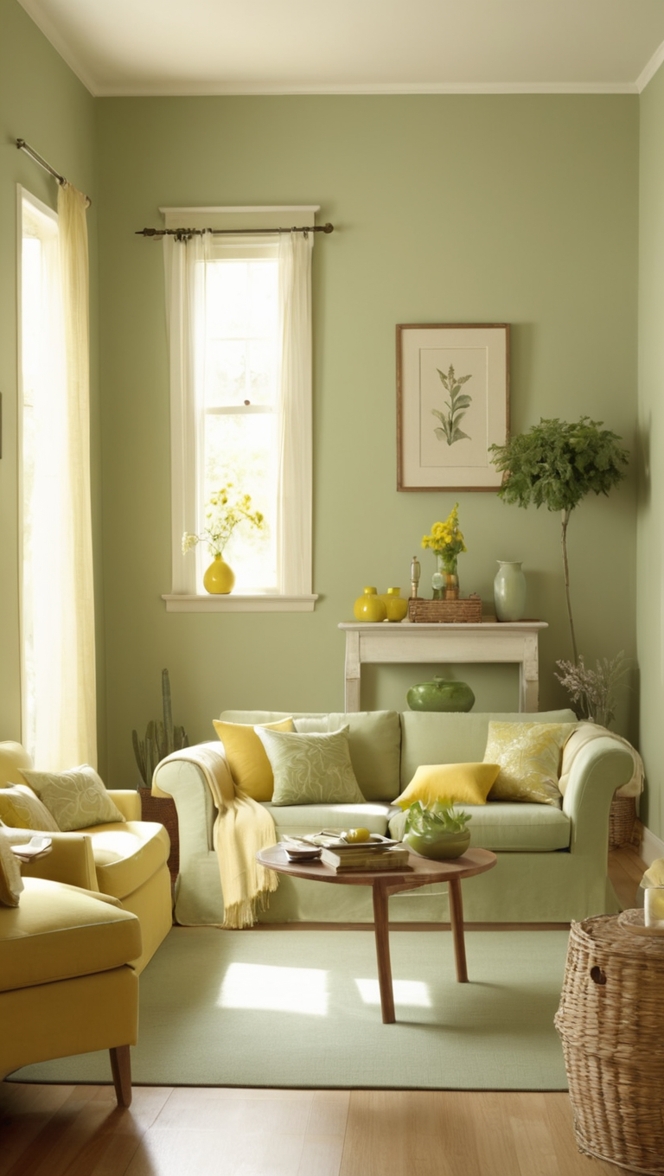 sage green paint colours, yellow living room decor, sage green furniture, yellow and green interior design, decorating with green and yellow 