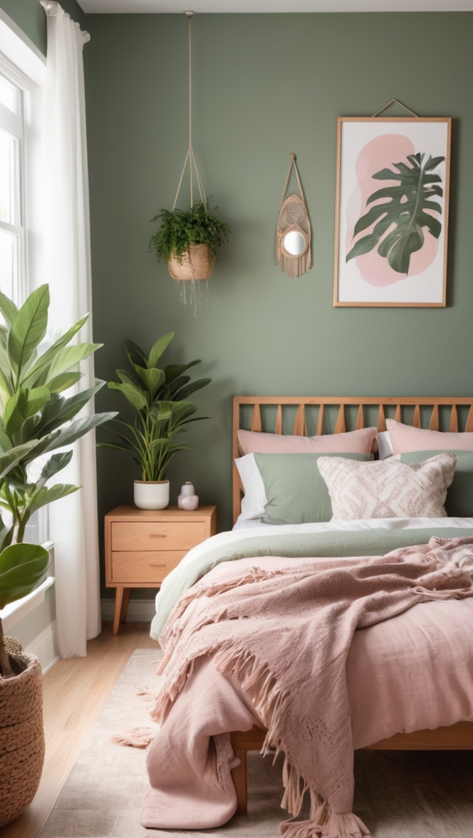 sage green bedroom decor, boho chic room, vintage boho bedding, earthy green textiles, botanical wall prints, organic cotton bedding, artisan throw pillows