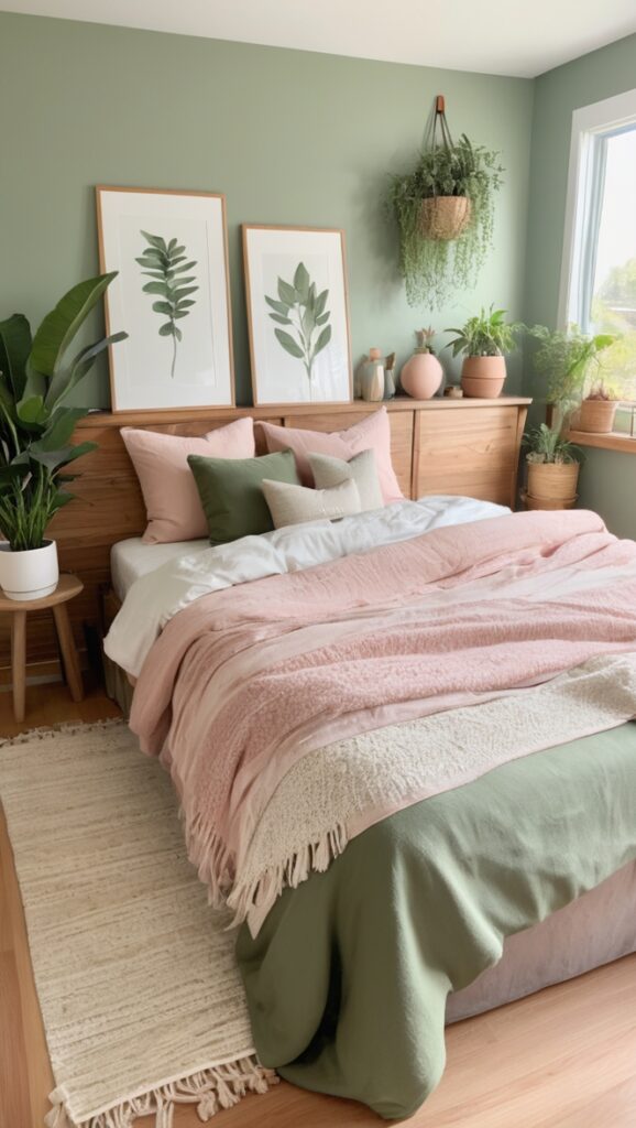 sage green bedroom decor, boho chic room, vintage boho bedding, earthy green textiles, botanical wall prints, organic cotton bedding, artisan throw pillows