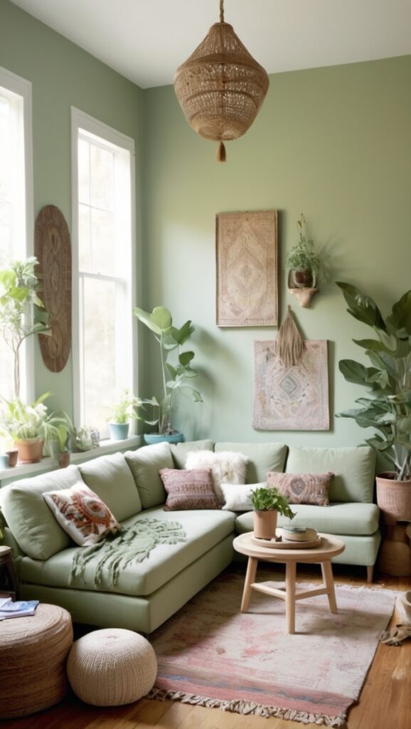 sage green sofa, boho furniture, vintage rug, natural decor, cozy throw
