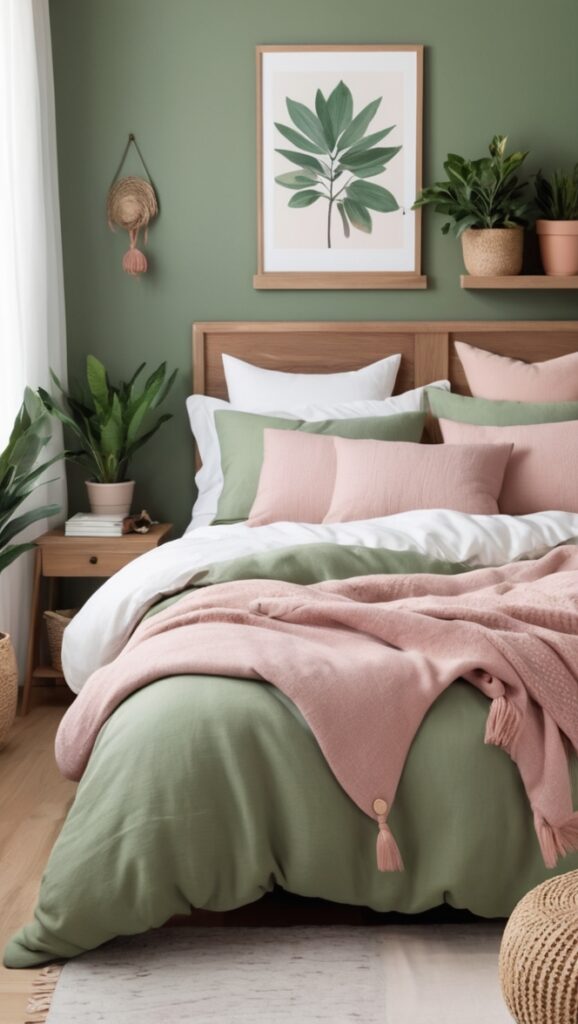 sage green curtains, farmhouse bedding, rustic bedroom decor, shabby chic furniture, vintage wall art