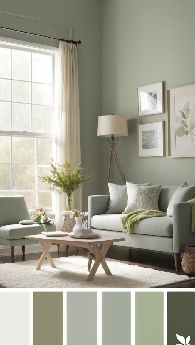 sage green paint,
green grey decor,
sage living room ideas,
grey green furniture,
sage green accent wall