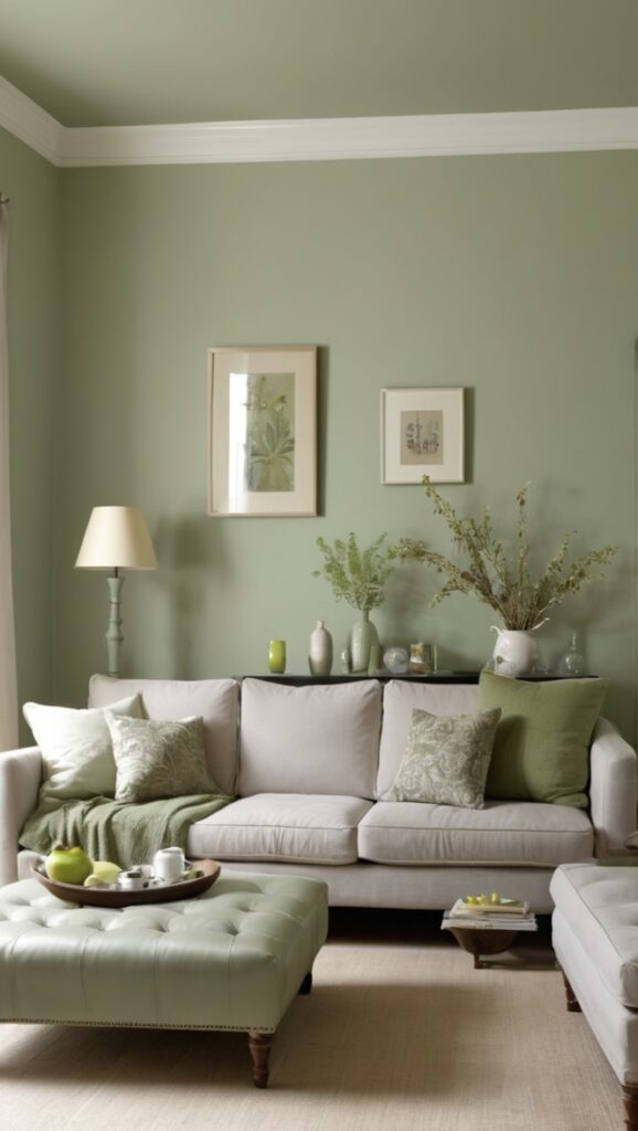 sage green paint, green grey decor, sage living room ideas, grey green furniture, sage green accent wall