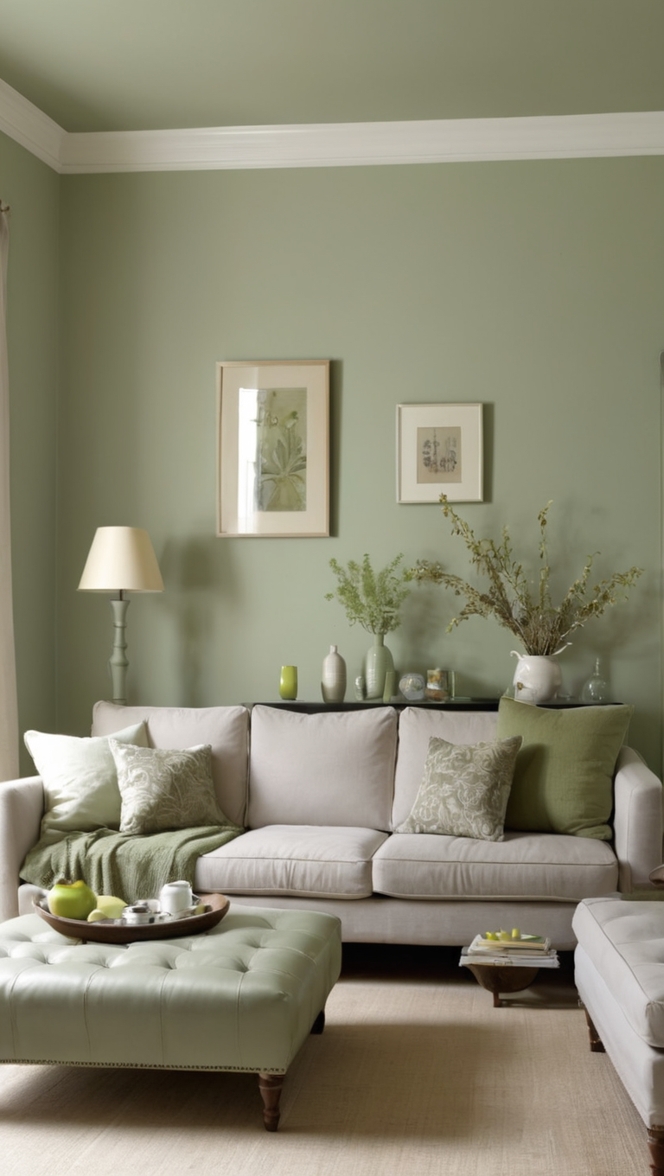 sage green paint, green grey decor, sage living room ideas, grey green furniture, sage green accent wall