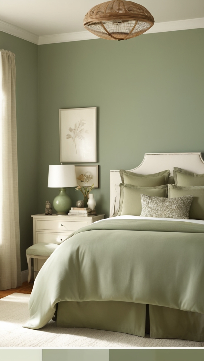 sage green bedroom decor, sage green paint, sage green bedding, sage green curtains, sage green wall art