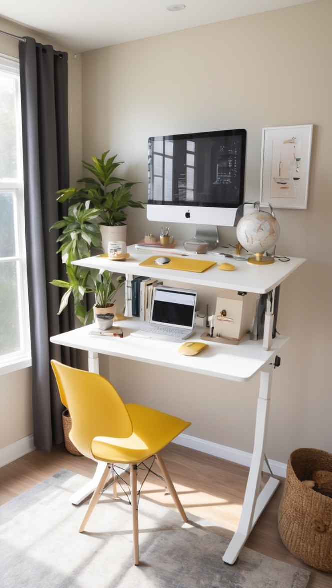 standing desk, adjustable height desk, ergonomic desk chair, sit-stand desk, compact office furniture