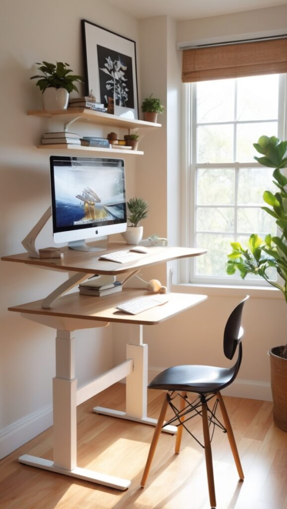 standing desk, adjustable height desk, ergonomic desk chair, sit-stand desk, compact office furniture
