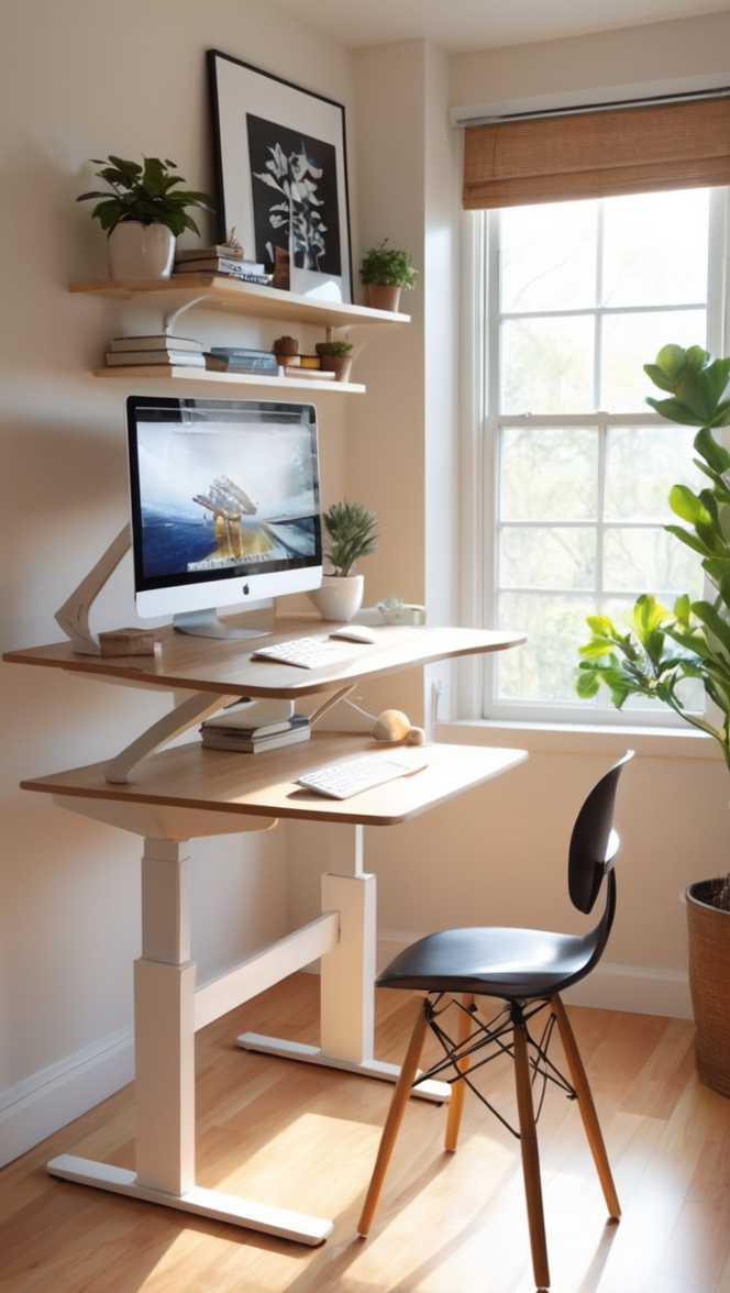 standing desk, adjustable height desk, ergonomic desk chair, sit-stand desk, compact office furniture 