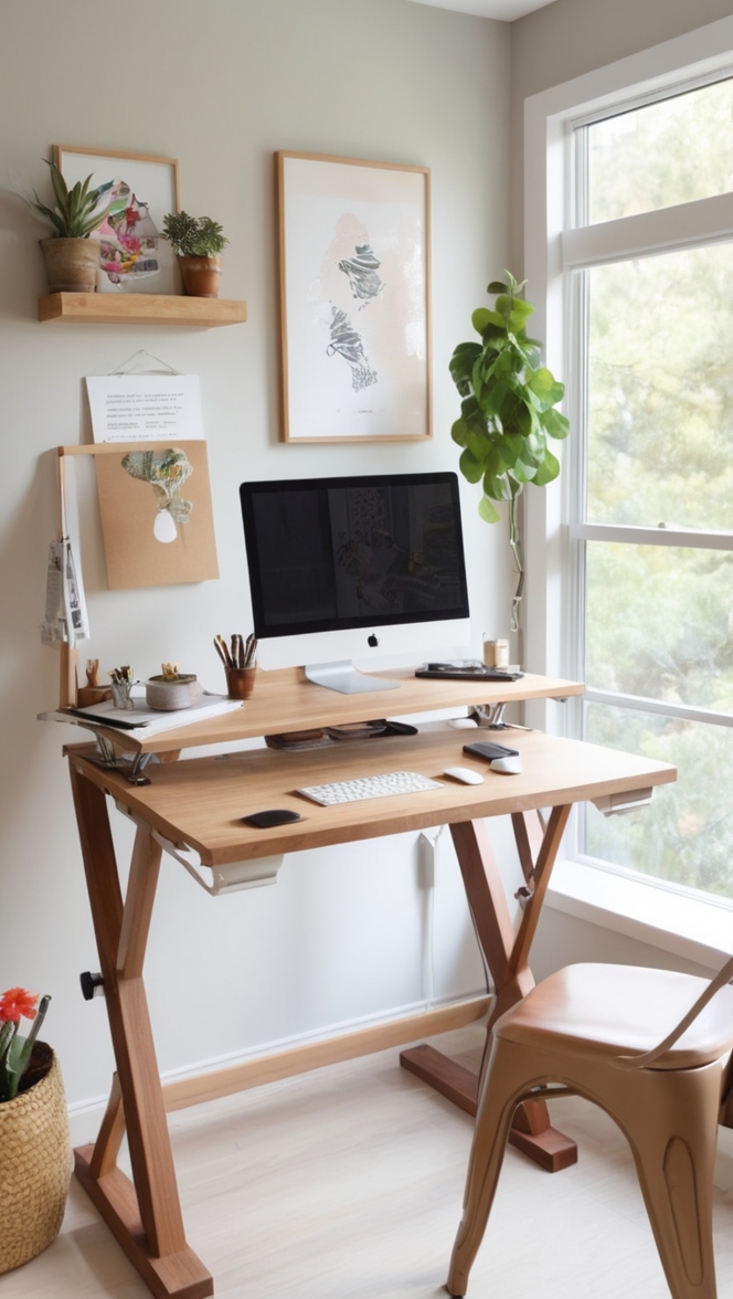 standing desk accessories, home office organization, desk plant decor, modern office furniture, office workspace design 