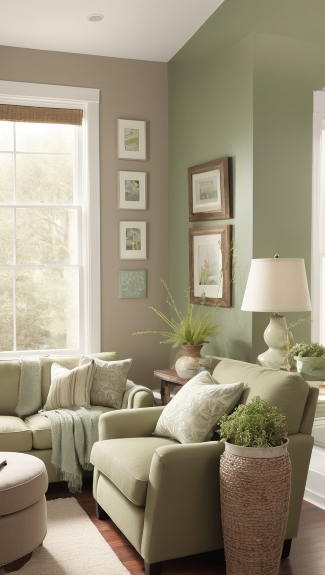 taupe living room decor, sage green decor, home decor taupe, sage green furniture, taupe and sage green palette