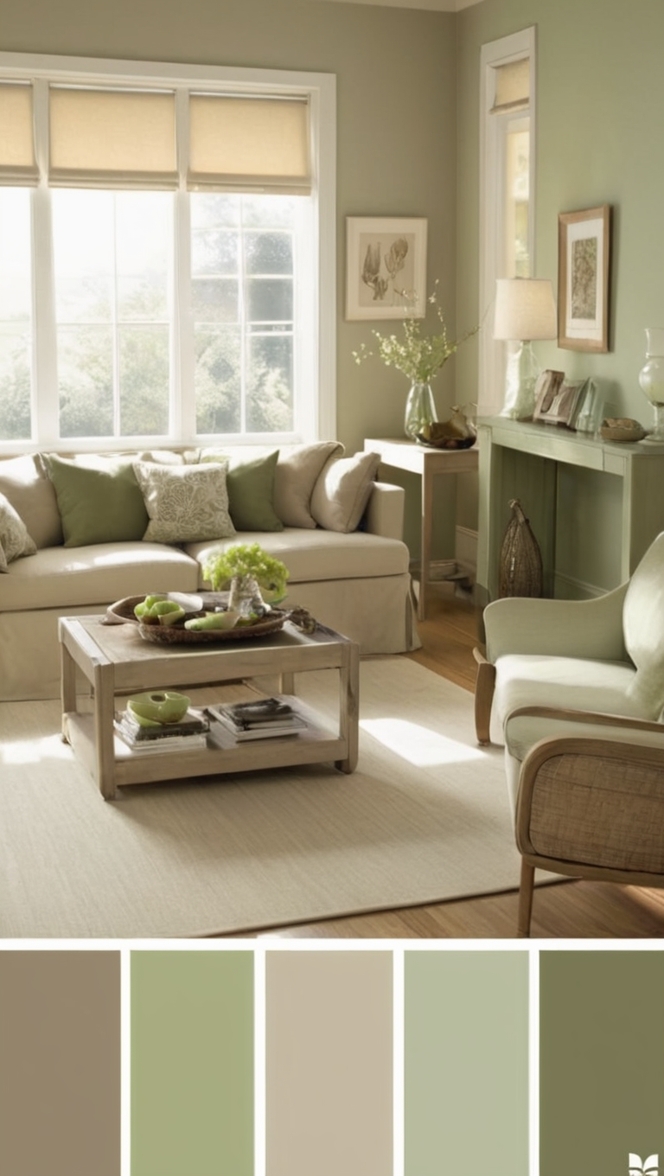 taupe living room decor, sage green decor, home decor taupe, sage green furniture, taupe and sage green palette 