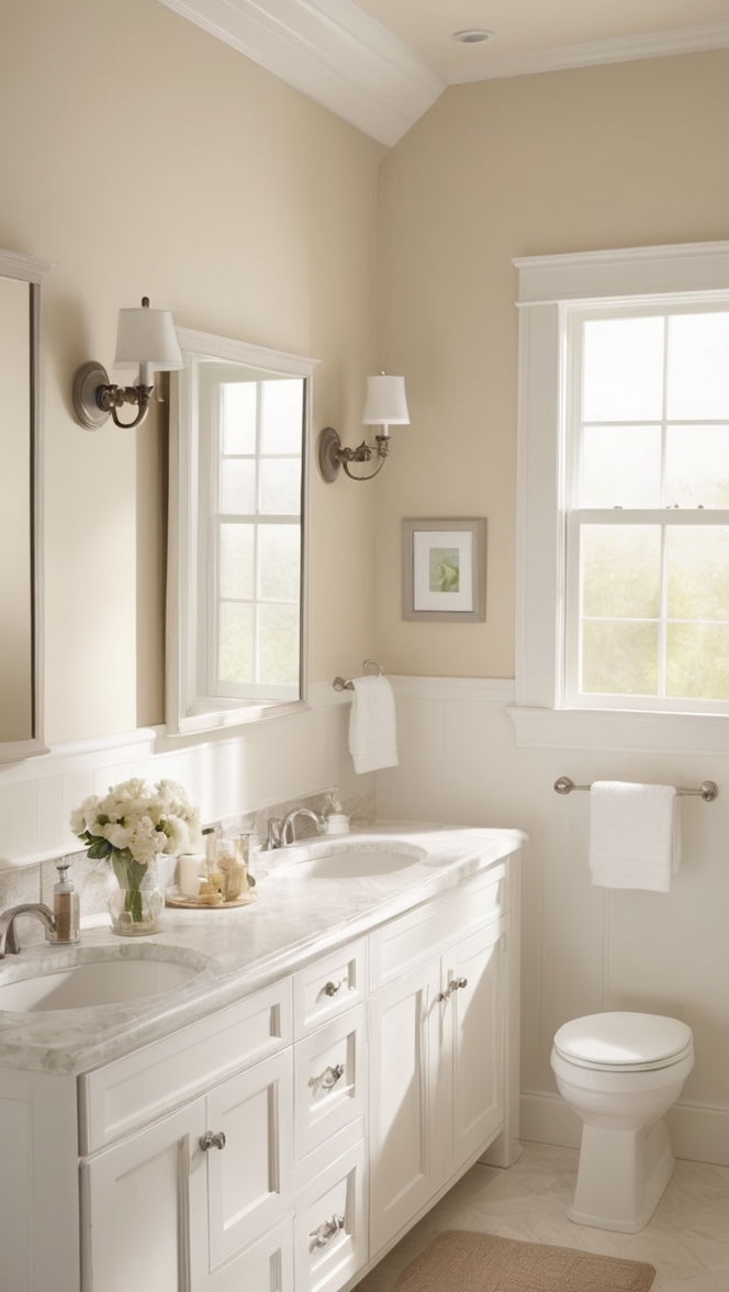 white bathroom ideas, beige tile bathroom, neutral color bathroom, modern bathroom designs, bathroom renovation ideas