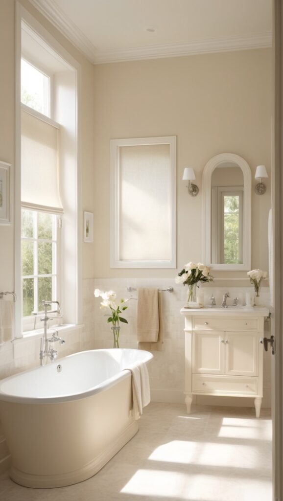 white bathroom ideas, beige tile bathroom, neutral color bathroom, modern bathroom designs, bathroom renovation ideas