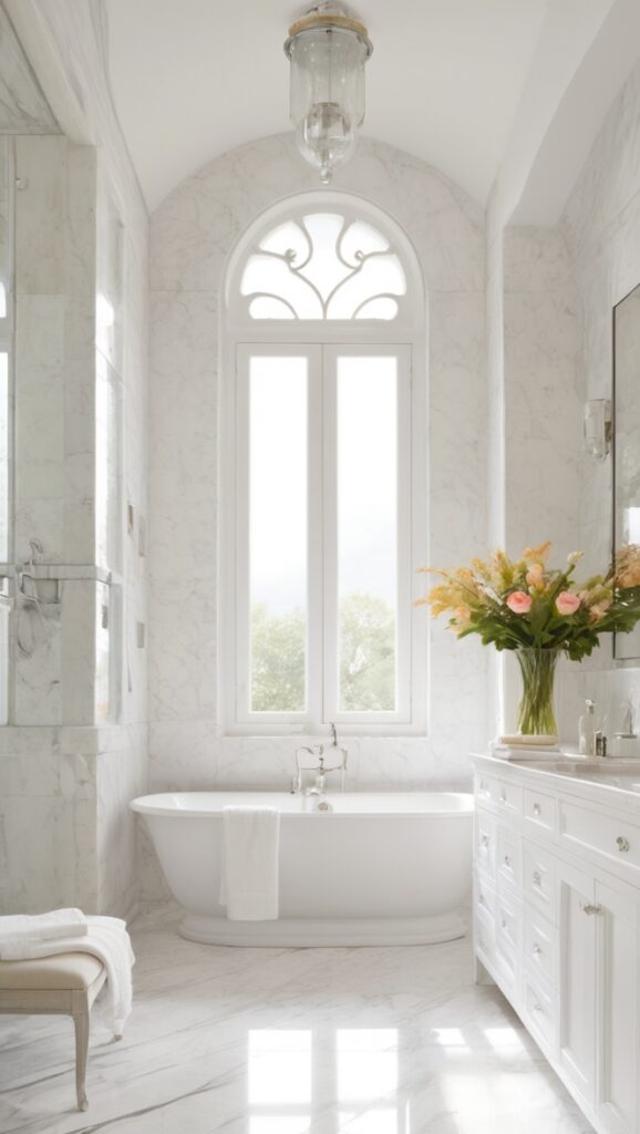 white marble tiles, marble bathroom vanity, white marble countertops, marble bathroom decor, marble shower walls