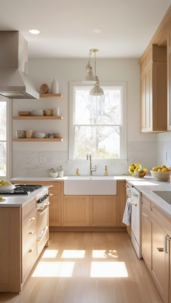 white oak kitchen cabinets, white kitchen countertops, white oak flooring, modern white kitchen design, white oak dining table