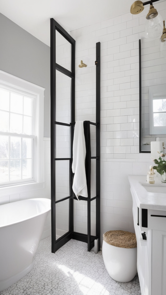 white tile black grout, black grout white tile, modern black white bathroom, white and black bathroom ideas, black white tile design