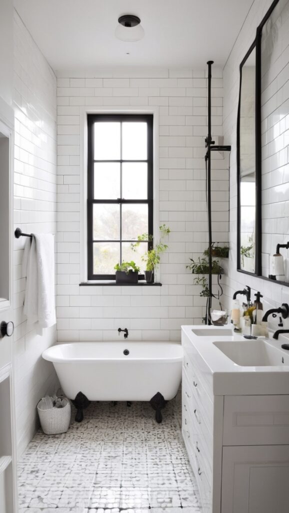 white tile black grout, black grout white tile, modern black white bathroom, white and black bathroom ideas, black white tile design