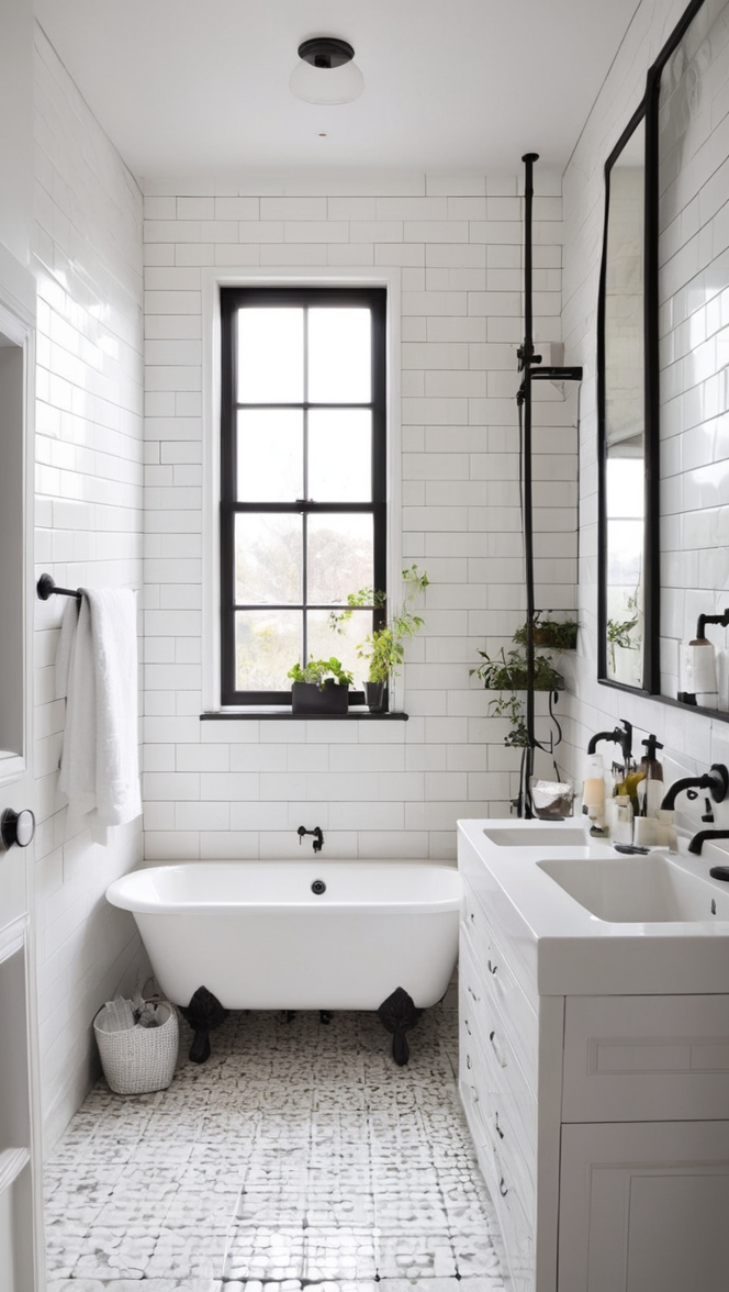 white tile black grout, black grout white tile, modern black white bathroom, white and black bathroom ideas, black white tile design 