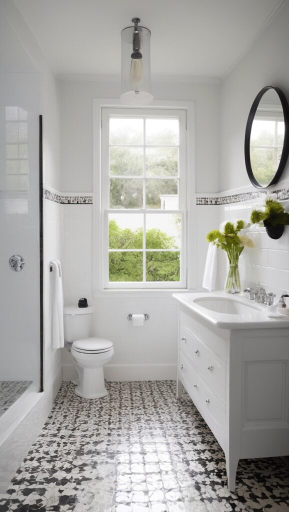 black and white bathroom tile, bathroom tile designs, black and white tile flooring, bathroom tile patterns, black and white tile ideas