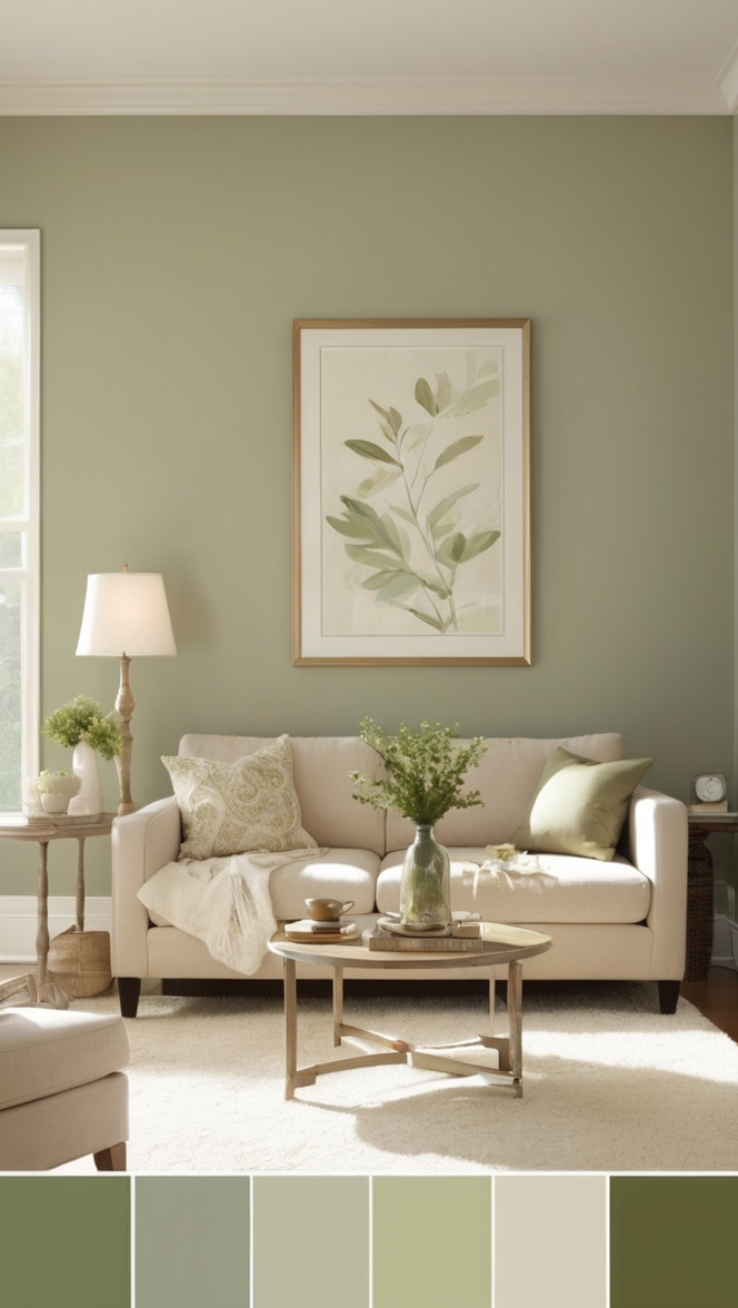 beige living room decor, light green sofa, neutral color palette, natural wood furniture, cozy throw pillows