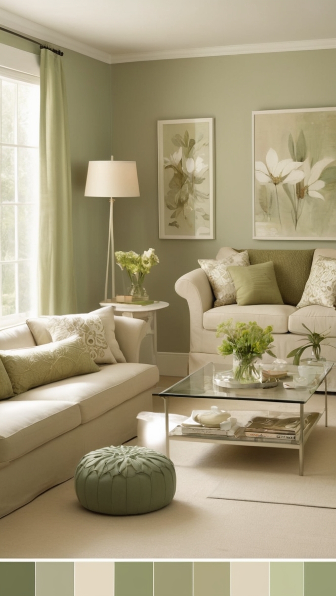 beige living room decor, light green sofa, neutral color palette, natural wood furniture, cozy throw pillows 