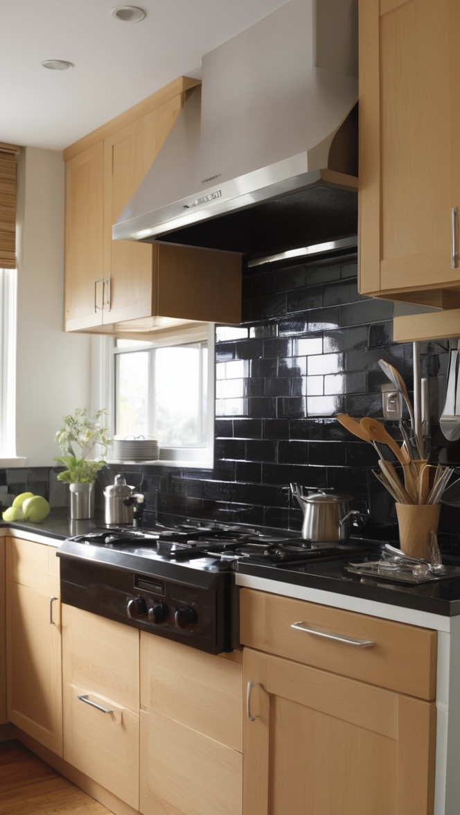 luxury kitchen backsplash ideas, high-end kitchen backsplash designs, modern black tile backsplash, premium kitchen backsplash materials, custom black backsplash installation 