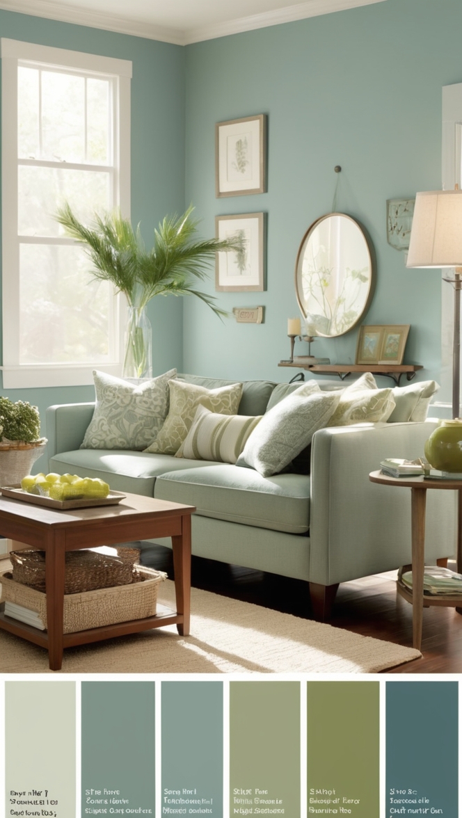 blue velvet sofa, sage green walls, navy blue accents, sage green decor, royal blue curtains