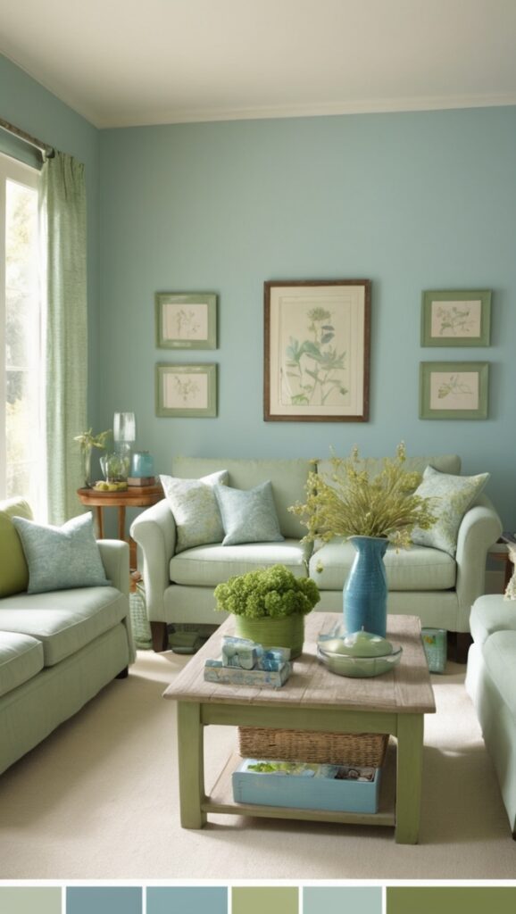 blue velvet sofa, sage green walls, navy blue accents, sage green decor, royal blue curtains