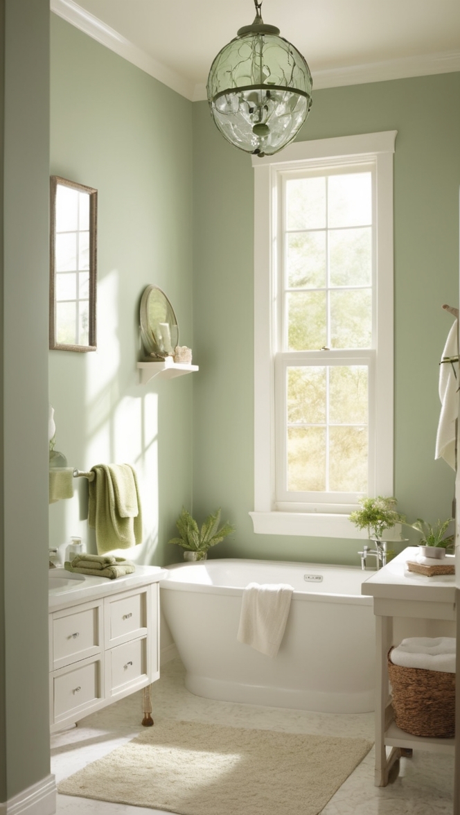 sage green bathroom, light green walls, bathroom paint colors, sage green decor, light green tiles
