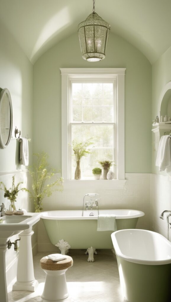 sage green bathroom, light green walls, bathroom paint colors, sage green decor, light green tiles