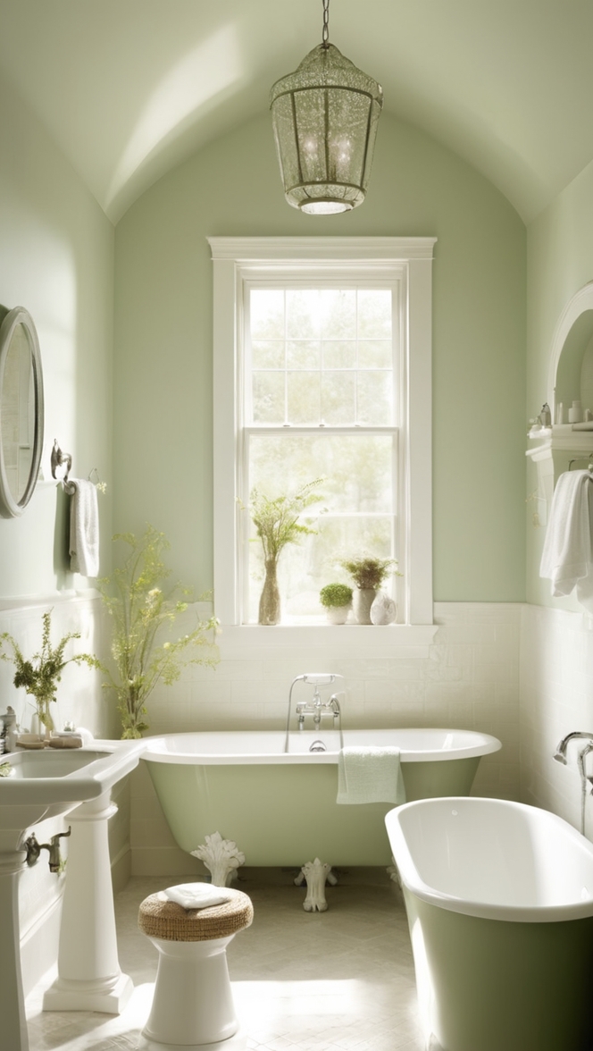 sage green bathroom, light green walls, bathroom paint colors, sage green decor, light green tiles 