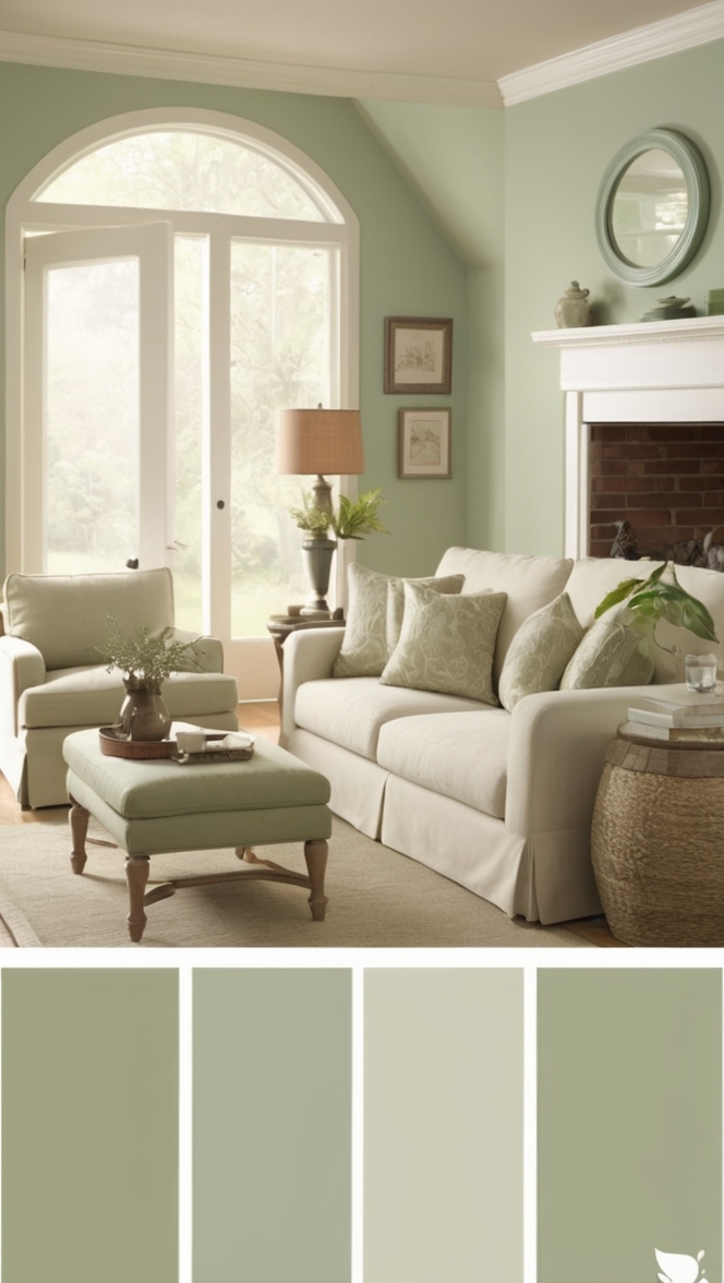 light sage green paint, sage green home decor, light green living room decor, sage green color scheme, cozy green living room
