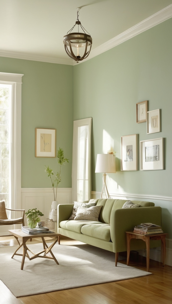 light sage green paint, sage green home decor, light green living room decor, sage green color scheme, cozy green living room 