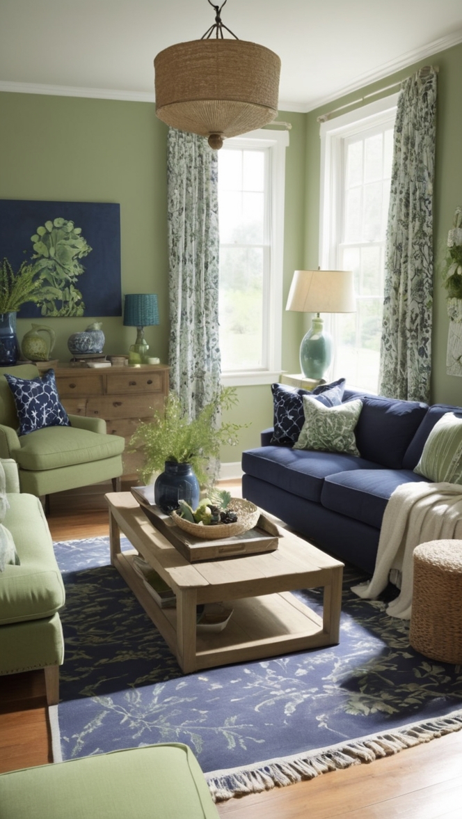 navy blue and sage green decor, navy blue and green living room, navy and sage green color scheme, blue and green living room decor, navy and green living room ideas 