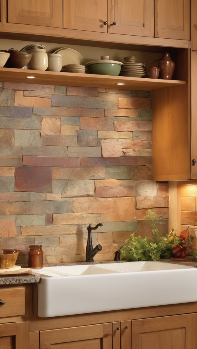 rustic kitchen backsplash tile, natural stone backsplash ideas, farmhouse kitchen backsplash design, reclaimed wood kitchen backsplash, handcrafted tile backsplash 