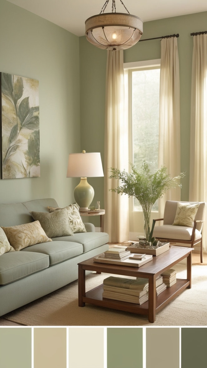 sage green sofa, cream curtains, stylish decor, neutral color palette, cozy ambiance